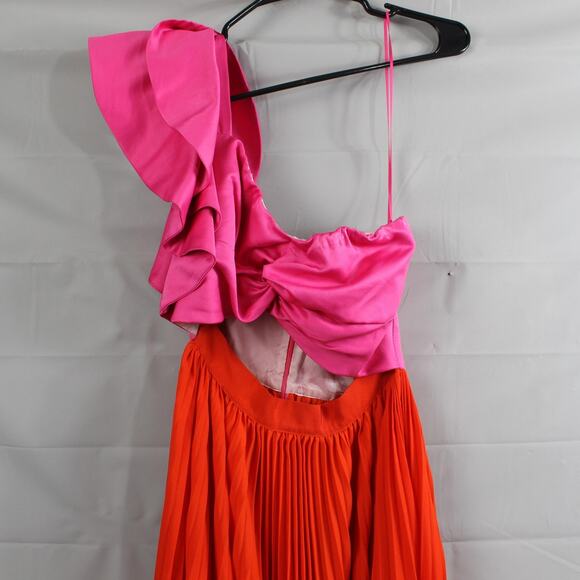 AMUR Dress 12 Cleopatra Pleated Maxi One Shoulder Ruffle Pink Orange Formal Gown - Picture 6 of 16